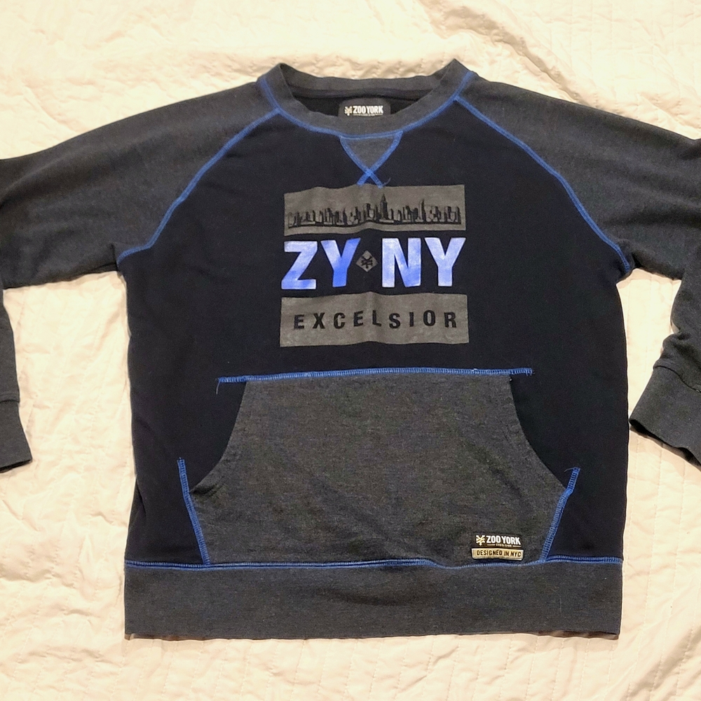 Men's Zoo York Excelsior Crewneck Sweater Size XL Grey Navy Raglan Sleeve Pocket